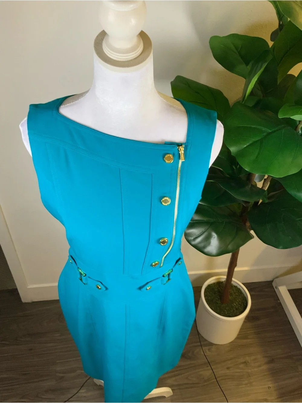 Calvin Klein Teal Sheath Dress with Gold Buttons